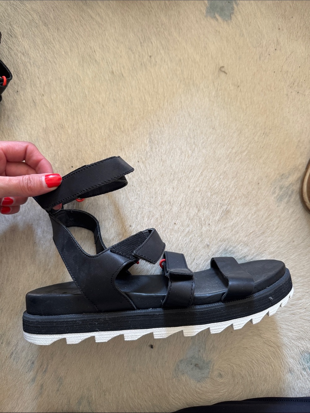 Sorel Black Platform Sport Sandal with White Lug Sole